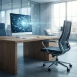 Et moderne kontor med et skrivebord, en computer, der viser en grafisk fremstilling af et digitalt neuralt netværk, og en tom ergonomisk stol, placeret foran store vinduer, der lukker naturligt lys ind. - Kunstig intelligens AI