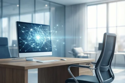 Et moderne kontor med et skrivebord, en computer, der viser en grafisk fremstilling af et digitalt neuralt netværk, og en tom ergonomisk stol, placeret foran store vinduer, der lukker naturligt lys ind. - Kunstig intelligens AI