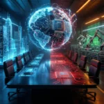 Et futuristisk mødelokale, der er delt i to: den ene side er digital med en holografisk globus og by, mens den anden side er højteknologisk med robotter og borde med kredsløbsmotiver, hvilket symboliserer teknologi og global sammenkobling. - Kunstig intelligens AI
