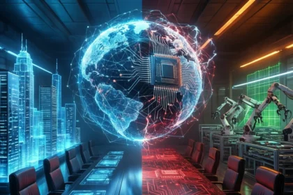 Et futuristisk mødelokale, der er delt i to: den ene side er digital med en holografisk globus og by, mens den anden side er højteknologisk med robotter og borde med kredsløbsmotiver, hvilket symboliserer teknologi og global sammenkobling. - Kunstig intelligens AI