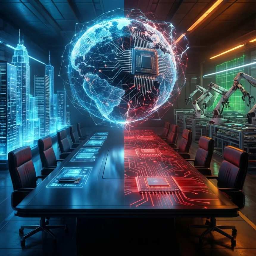 Et futuristisk mødelokale, der er delt i to: den ene side er digital med en holografisk globus og by, mens den anden side er højteknologisk med robotter og borde med kredsløbsmotiver, hvilket symboliserer teknologi og global sammenkobling. - Kunstig intelligens AI
