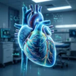En detaljeret digital illustration af et menneskeligt hjerte med fremhævede vener og arterier, der svæver i et moderne medicinsk laboratoriemiljø med datagrafik lagt ovenpå i baggrunden. - Kunstig intelligens AI