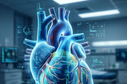 En detaljeret digital illustration af et menneskeligt hjerte med fremhævede vener og arterier, der svæver i et moderne medicinsk laboratoriemiljø med datagrafik lagt ovenpå i baggrunden. - Kunstig intelligens AI