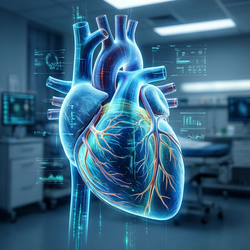 En detaljeret digital illustration af et menneskeligt hjerte med fremhævede vener og arterier, der svæver i et moderne medicinsk laboratoriemiljø med datagrafik lagt ovenpå i baggrunden. - Kunstig intelligens AI
