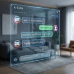 En futuristisk holografisk chatgrænseflade viser forvrængede tekstbeskeder i en moderne stue med slørede møbler i baggrunden. - Kunstig intelligens AI