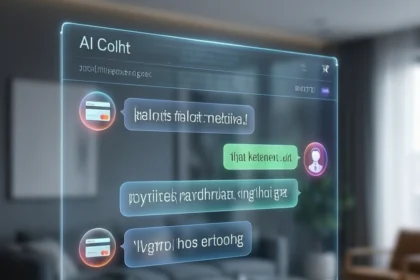 En futuristisk holografisk chatgrænseflade viser forvrængede tekstbeskeder i en moderne stue med slørede møbler i baggrunden. - Kunstig intelligens AI