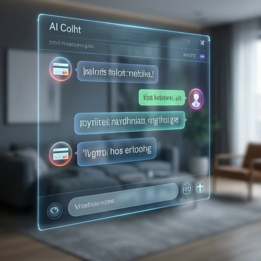 En futuristisk holografisk chatgrænseflade viser forvrængede tekstbeskeder i en moderne stue med slørede møbler i baggrunden. - Kunstig intelligens AI
