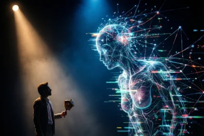 En person i jakkesæt står med en enhed i hånden og kigger på en stor, lysende digital menneskelignende figur med farverige neurale netværkslinjer, alt sammen i dramatisk belysning på en mørk scene. - Kunstig intelligens AI