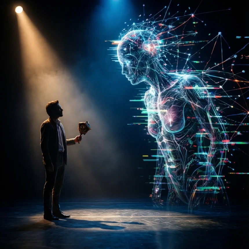 En person i jakkesæt står med en enhed i hånden og kigger på en stor, lysende digital menneskelignende figur med farverige neurale netværkslinjer, alt sammen i dramatisk belysning på en mørk scene. - Kunstig intelligens AI