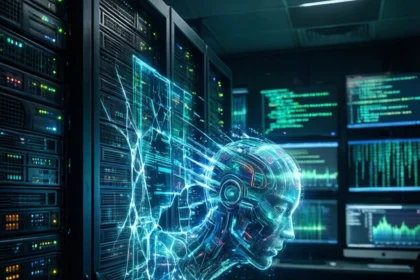 Et digitalt menneskehoved af blåt lys dukker op fra et serverrack i et mørkt rum fyldt med skærme og servere, der viser data og kode. - Kunstig intelligens AI