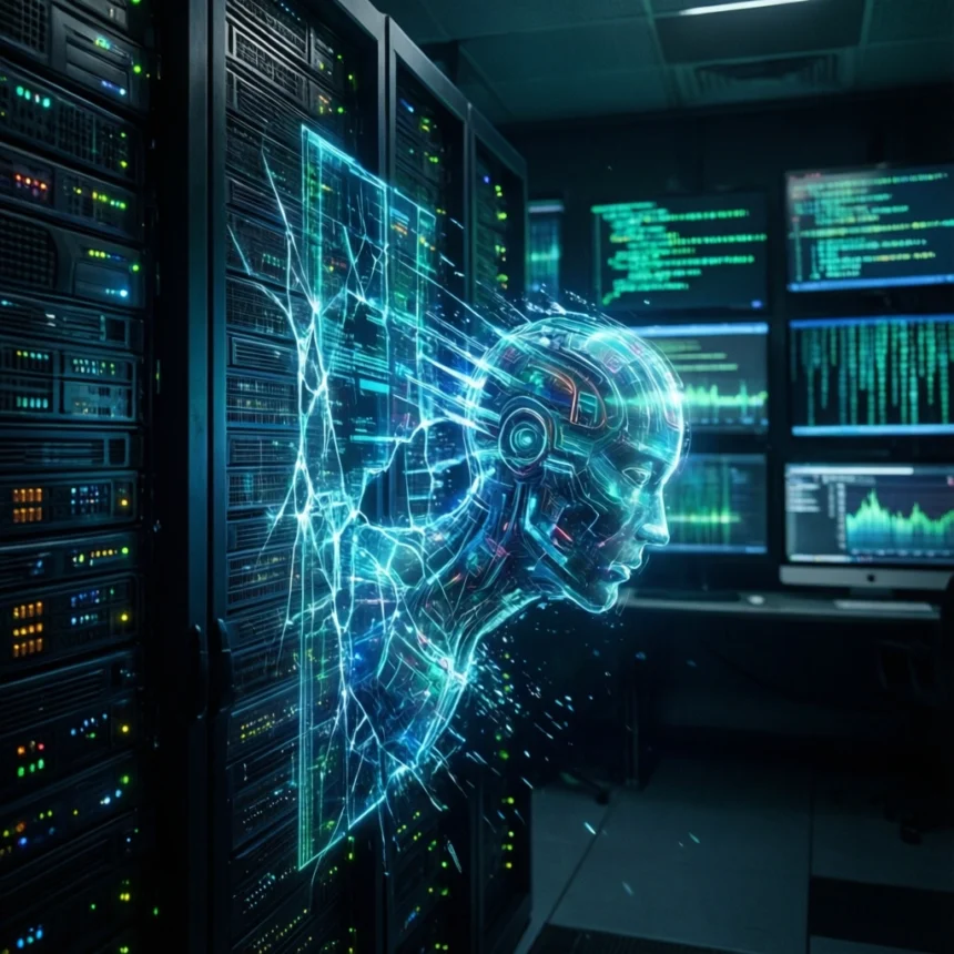 Et digitalt menneskehoved af blåt lys dukker op fra et serverrack i et mørkt rum fyldt med skærme og servere, der viser data og kode. - Kunstig intelligens AI