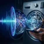 En person bruger en smartphone i nærheden af en vaskemaskine, mens digitale bølger og netværksgrafik symboliserer smart teknologi og trådløs forbindelse. - Kunstig intelligens AI