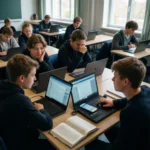 Gymnasieelever sidder i grupper ved skrivebordene i et klasseværelse, hvor de arbejder på bærbare computere og slår op i bøger; de virker koncentrerede og engagerede i en fælles opgave. - Kunstig intelligens AI
