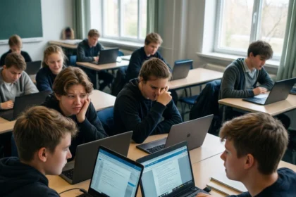 Gymnasieelever sidder i grupper ved skrivebordene i et klasseværelse, hvor de arbejder på bærbare computere og slår op i bøger; de virker koncentrerede og engagerede i en fælles opgave. - Kunstig intelligens AI