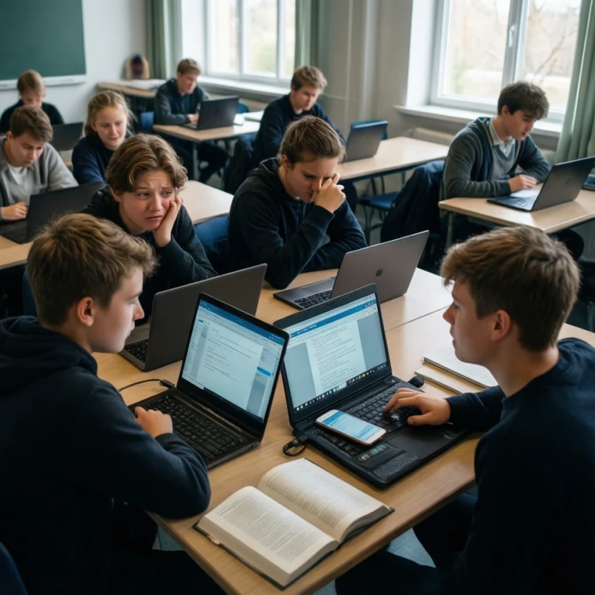 Gymnasieelever sidder i grupper ved skrivebordene i et klasseværelse, hvor de arbejder på bærbare computere og slår op i bøger; de virker koncentrerede og engagerede i en fælles opgave. - Kunstig intelligens AI