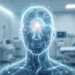 En lysende menneskeskikkelse bestående af blå, neurallignende linjer med et stærkt lys i panden, der står i et sløret hospitalsværelse, hvilket symboliserer avanceret hjerneteknologi eller kunstig intelligens inden for sundhedssektoren. - Kunstig intelligens AI