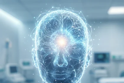 En lysende menneskeskikkelse bestående af blå, neurallignende linjer med et stærkt lys i panden, der står i et sløret hospitalsværelse, hvilket symboliserer avanceret hjerneteknologi eller kunstig intelligens inden for sundhedssektoren. - Kunstig intelligens AI
