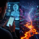 En person bruger en smartphone tæt på en holografisk AI-skærm; ved siden af ses et futuristisk bybillede med flydende lava og digitale partikler, der hvirvler hen over det. - Kunstig intelligens AI