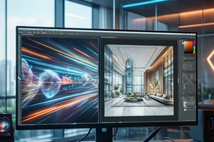 Et moderne skrivebord med en stor skærm, hvor der vises software til digital kunst med futuristisk grafik og arkitektoniske designs, samt en tegnetablet og en stylus i et lyst kontor med glasvægge. - Kunstig intelligens AI