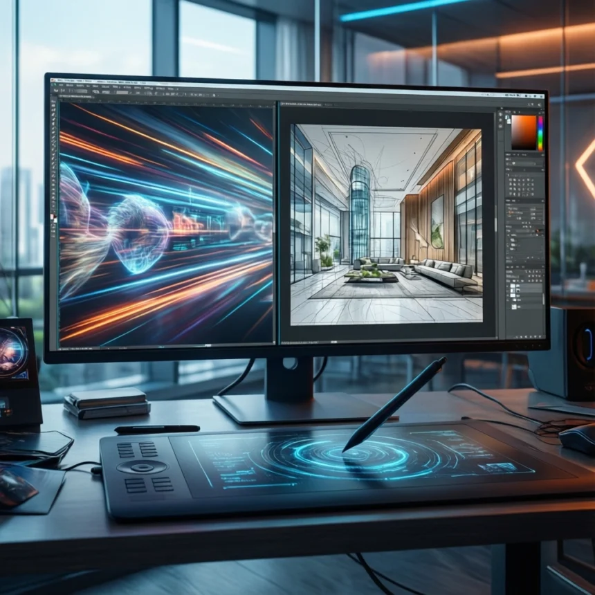 Et moderne skrivebord med en stor skærm, hvor der vises software til digital kunst med futuristisk grafik og arkitektoniske designs, samt en tegnetablet og en stylus i et lyst kontor med glasvægge. - Kunstig intelligens AI