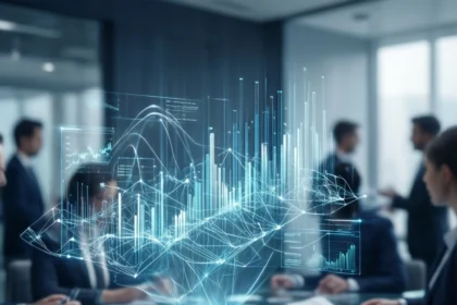 En gruppe forretningsfolk i jakkesæt sidder omkring et glasbord og analyserer digitale grafer og diagrammer, der vises midt på bordet, i et moderne kontormiljø. - Kunstig intelligens AI