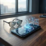 En smartphone på et træbord viser et futuristisk hologram med digitale ikoner ved siden af et par briller, mens man gennem et vindue i baggrunden kan se et bybillede. - Kunstig intelligens AI