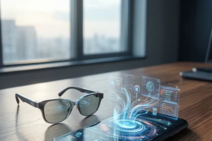En smartphone på et træbord viser et futuristisk hologram med digitale ikoner ved siden af et par briller, mens man gennem et vindue i baggrunden kan se et bybillede. - Kunstig intelligens AI