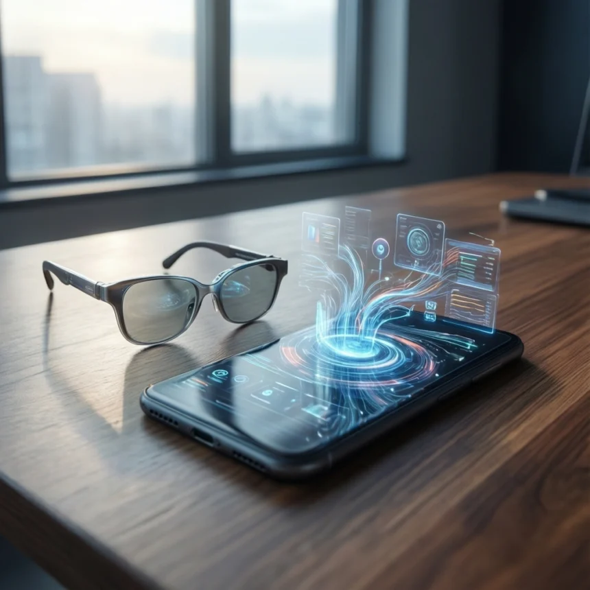 En smartphone på et træbord viser et futuristisk hologram med digitale ikoner ved siden af et par briller, mens man gennem et vindue i baggrunden kan se et bybillede. - Kunstig intelligens AI