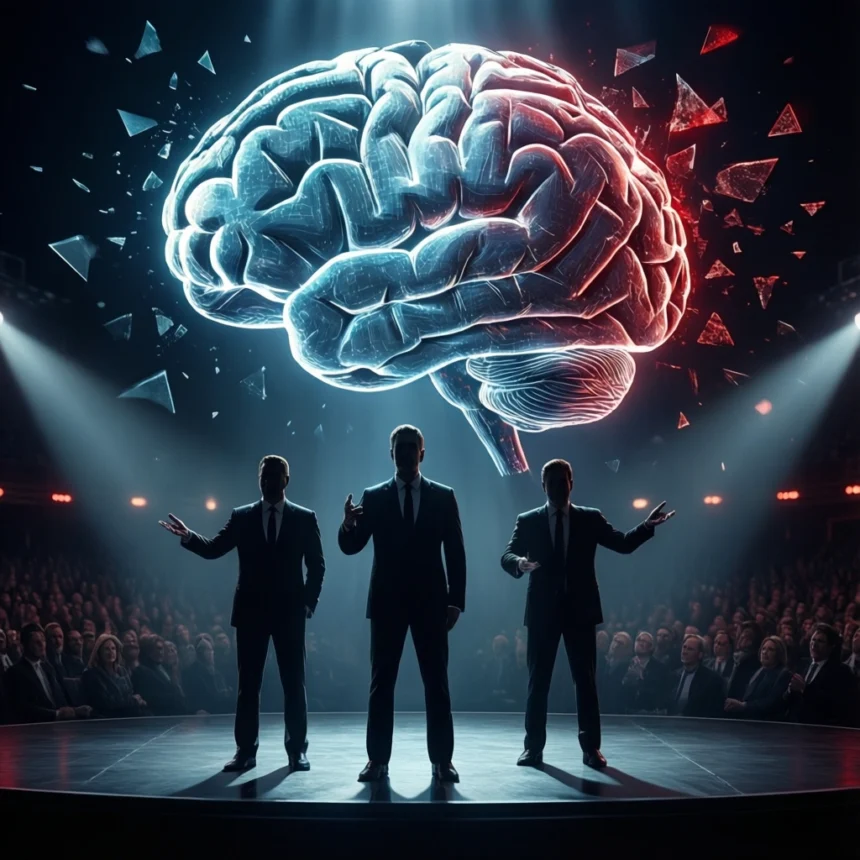 Tre mænd i jakkesæt står på en scene og gestikulerer, mens de vender sig mod publikum. Over dem vises et stort, lysende hologram af en hjerne med svævende fragmenter, hvilket skaber en dramatisk og futuristisk stemning. - Kunstig intelligens AI