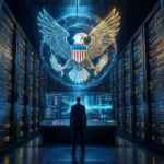 En person står i et serverrum og ser på en stor digital ørn med et skjold, der symboliserer cybersikkerhed eller statslig overvågning, og som er placeret over kontrolkonsollen. - Kunstig intelligens AI