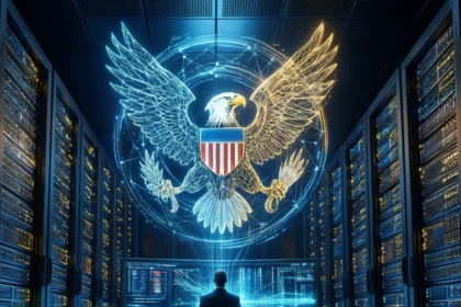 En person står i et serverrum og ser på en stor digital ørn med et skjold, der symboliserer cybersikkerhed eller statslig overvågning, og som er placeret over kontrolkonsollen. - Kunstig intelligens AI