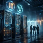 Tre personer står ved foran dataservere i et mørkt rum. Oven over dem svæver digitale ikoner for pause og strøm, mens der i baggrunden løber en EKG-kurve, hvilket antyder temaer som teknologi, databehandling eller kunstig intelligens. - Kunstig intelligens AI