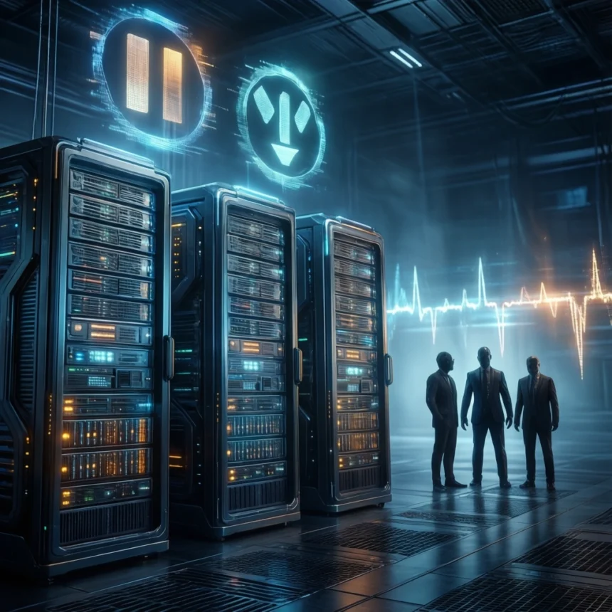 Tre personer står ved foran dataservere i et mørkt rum. Oven over dem svæver digitale ikoner for pause og strøm, mens der i baggrunden løber en EKG-kurve, hvilket antyder temaer som teknologi, databehandling eller kunstig intelligens. - Kunstig intelligens AI