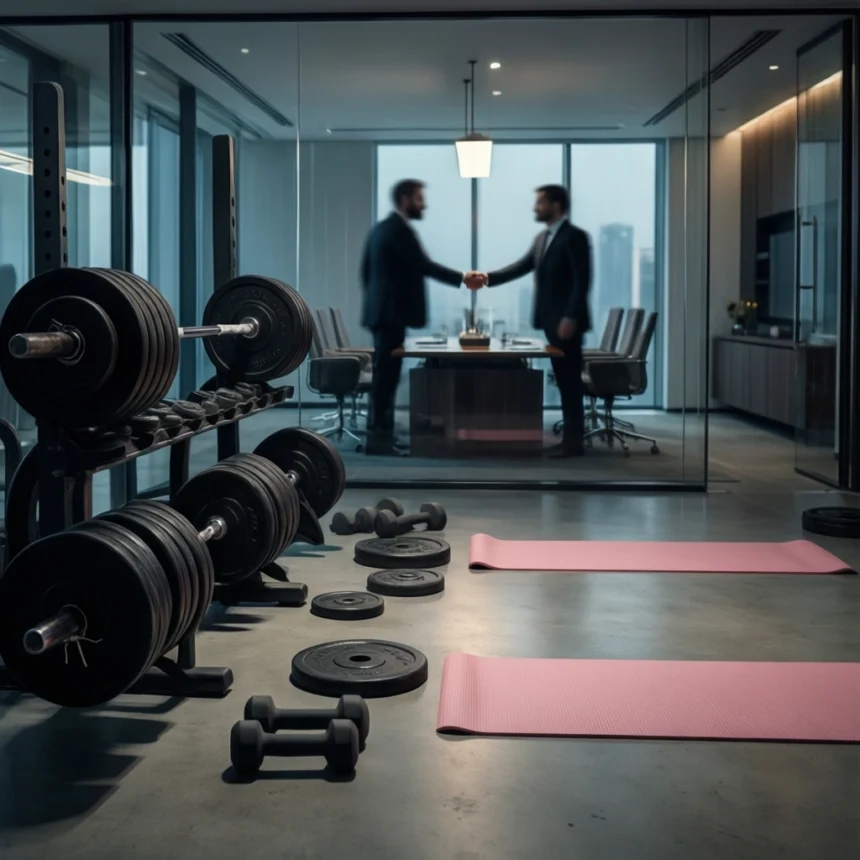 To personer giver hinanden hånden på et moderne kontor bag glasvægge, med fitnessudstyr og lyserøde yogamåtter i forgrunden, hvilket skaber en blanding af et fitnessområde og et arbejdsmiljø. - Kunstig intelligens AI