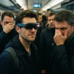En mand med smarte AR-briller står i et overfyldt metrotog. Flere passagerer i nærheden holder sig for næsen og ser ud til at være ubehageligt berørte eller reagere på en ubehagelig lugt. - Kunstig intelligens AI