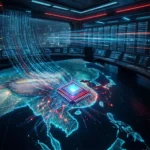 Et futuristisk kontrolrum med digitale skærme har udsigt over et lysende kort over Asien, hvor en stor mikrochip udsender blå og røde datastrømme over hele kontinentet, hvilket symboliserer avanceret teknologi og dataforbindelser. - Kunstig intelligens AI