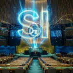 Et stort holografisk SI-logo med FN-emblemet svæver over delegaterne i en næsten tom forsamlingssal i FN, omgivet af lysende blå digitale linjer og mønstre. - Kunstig intelligens AI