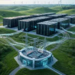 Et futuristisk datacenter med sorte serverbygninger, højspændingsledninger og lysende digitale forbindelser i et grønt, kuperet landskab med vindmøller i baggrunden. - Kunstig intelligens AI