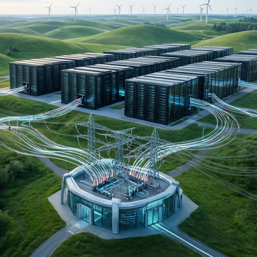 Et futuristisk datacenter med sorte serverbygninger, højspændingsledninger og lysende digitale forbindelser i et grønt, kuperet landskab med vindmøller i baggrunden. - Kunstig intelligens AI