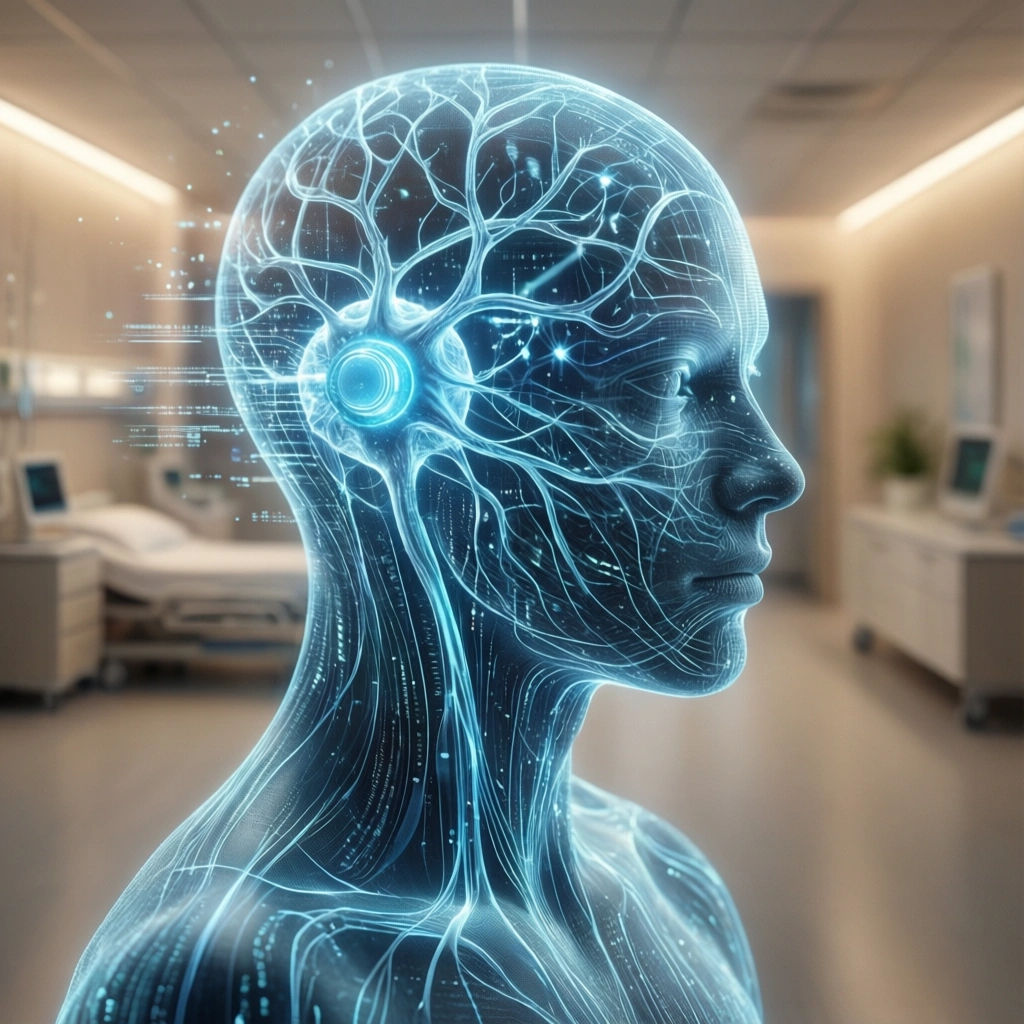 En digital illustration af et menneskehoved og en overkrop med lysende nervebaner og kredsløb, set i et moderne hospitalsværelse. - Kunstig intelligens AI