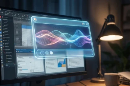 En person bruger en stationær computer, der viser en holografisk brugerflade med farverige bølgeformer, omgivet af datadiagrammer og en bordlampe i et moderne, svagt oplyst arbejdsrum. - Kunstig intelligens AI