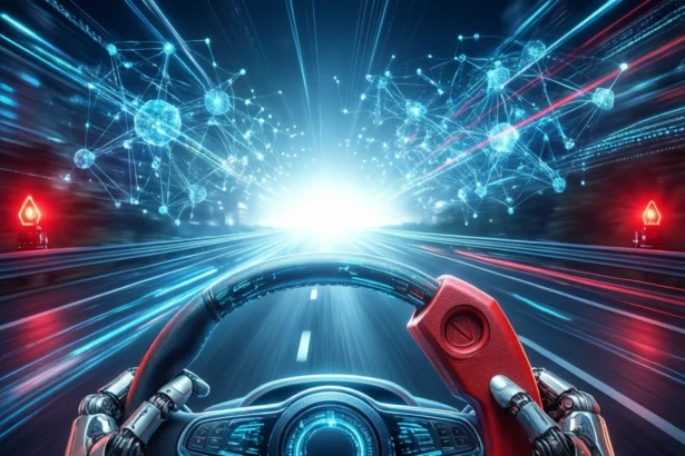 En robot kører i en futuristisk bil, mens den holder en rød kontakt ved rattet, med lysende digitale netværk og hastighedslinjer i baggrunden, hvilket antyder højteknologisk, AI-styret kørsel. - Kunstig intelligens AI