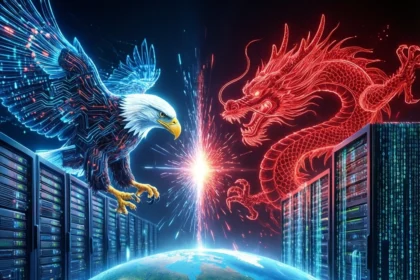 En digital ørn og en drage står over for hinanden over serverreoler og Jorden, hvilket symboliserer cyberkonflikten mellem USA og Kina. Der flyver gnister i midten, og farveskemaet er i glødende blå og røde nuancer. - Kunstig intelligens AI