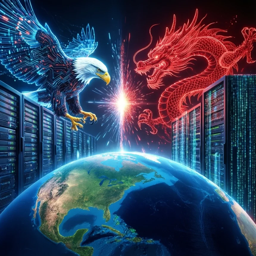 En digital ørn og en drage står over for hinanden over serverreoler og Jorden, hvilket symboliserer cyberkonflikten mellem USA og Kina. Der flyver gnister i midten, og farveskemaet er i glødende blå og røde nuancer. - Kunstig intelligens AI