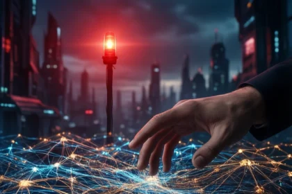 En hånd svæver over et lysende digitalt netværk med indbyrdes forbundne knudepunkter i en futuristisk by om natten. Et rødt advarselslys på en pæl signalerer alarm eller fare i baggrunden. - Kunstig intelligens AI