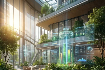 Et moderne, solfyldt kontorområde med frodige planter, cirkulære siddepladser og futuristiske holografiske skærme i midten, der viser datatabeller og grafer. - Kunstig intelligens AI