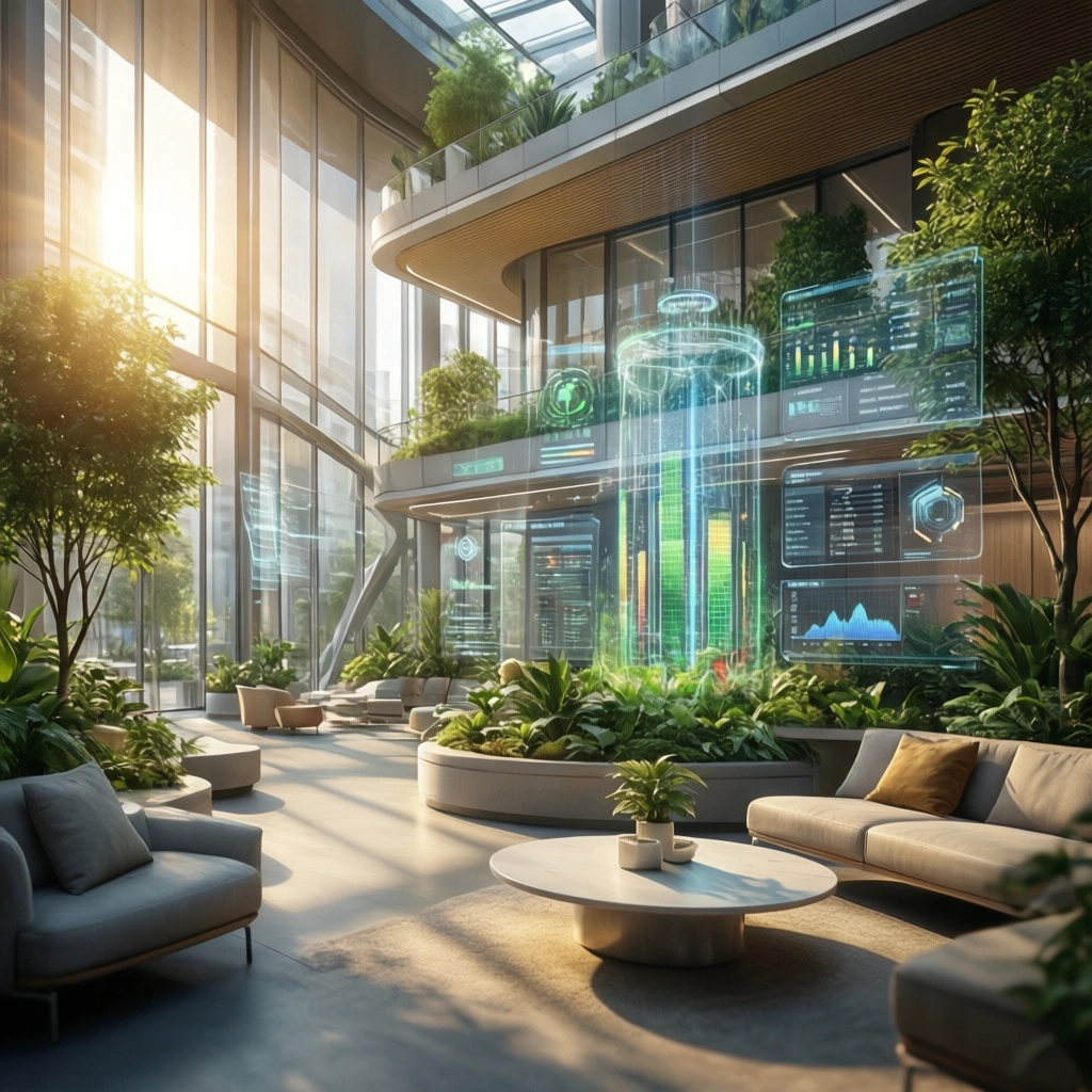 Et moderne, solfyldt kontorområde med frodige planter, cirkulære siddepladser og futuristiske holografiske skærme i midten, der viser datatabeller og grafer. - Kunstig intelligens AI