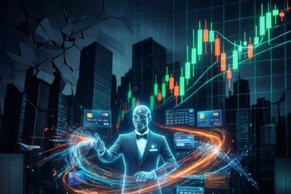 En mand i jakkesæt interagerer med svævende digitale finansielle diagrammer og kreditkort i en futuristisk by, omgivet af lysende grafer og teknologiske elementer. - Kunstig intelligens AI