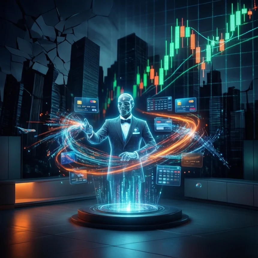 En mand i jakkesæt interagerer med svævende digitale finansielle diagrammer og kreditkort i en futuristisk by, omgivet af lysende grafer og teknologiske elementer. - Kunstig intelligens AI