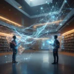 To personer står i et moderne bibliotek omgivet af svævende, lysende digitale netværk, der symboliserer visualisering af data eller viden, mens bogreoler og teknologi smelter sammen i baggrunden. - Kunstig intelligens AI